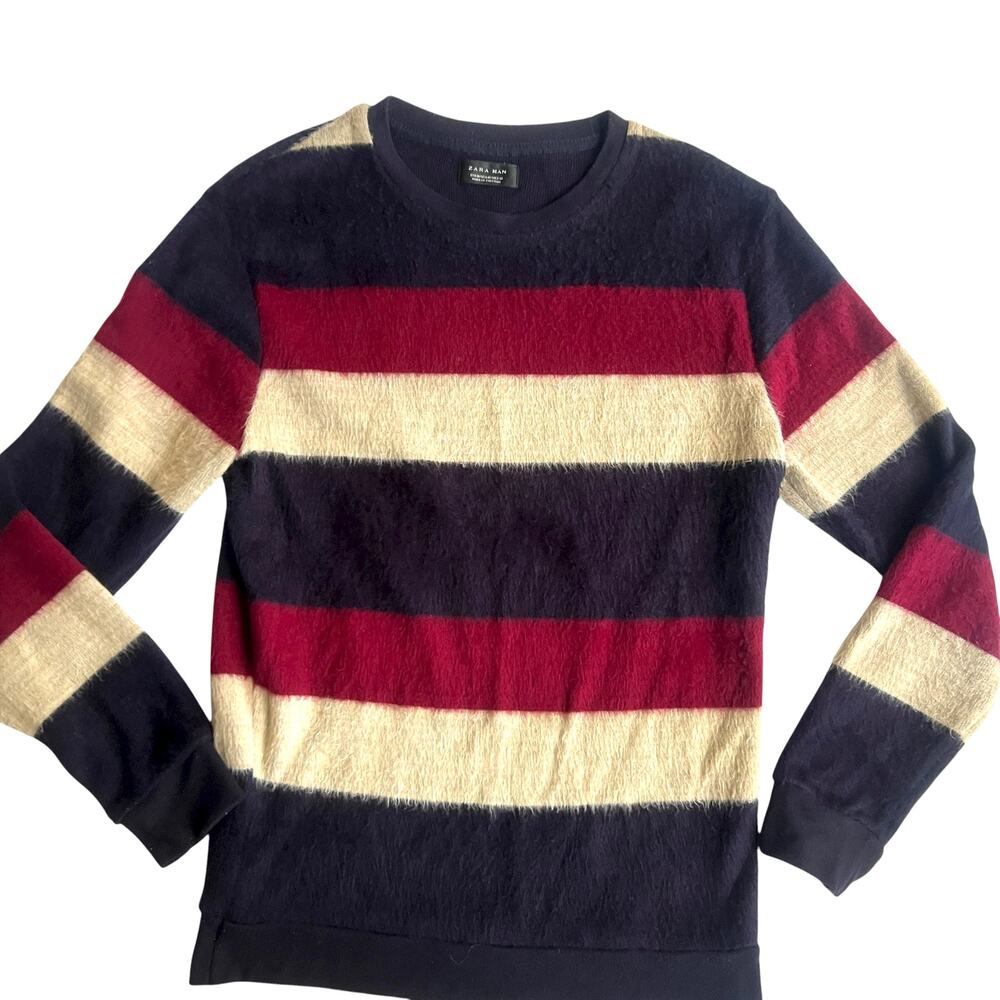 ZARA Man Striped Sweater Medium Navy Red Beige Fuzzy Knit Crewneck